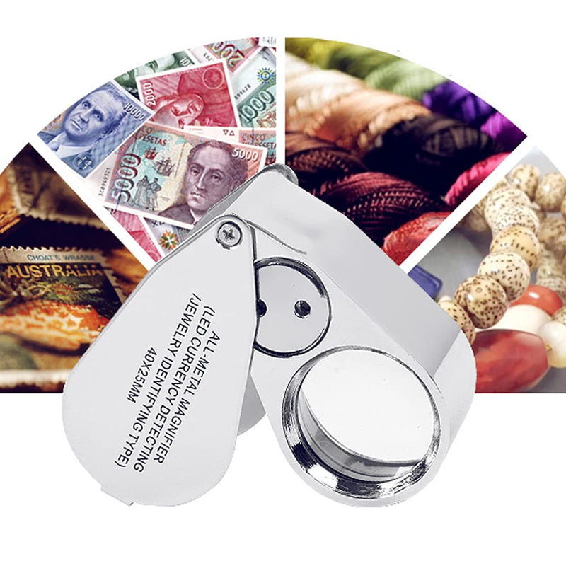 2 Pack 40X Metal Illuminated Jewelry Loop Magnifier, Magnifying Glass with LED Light Pocket Folding Jewelers Loupe for Currency Detecting Jewlers Identifying Type Lupe - NewNest Australia