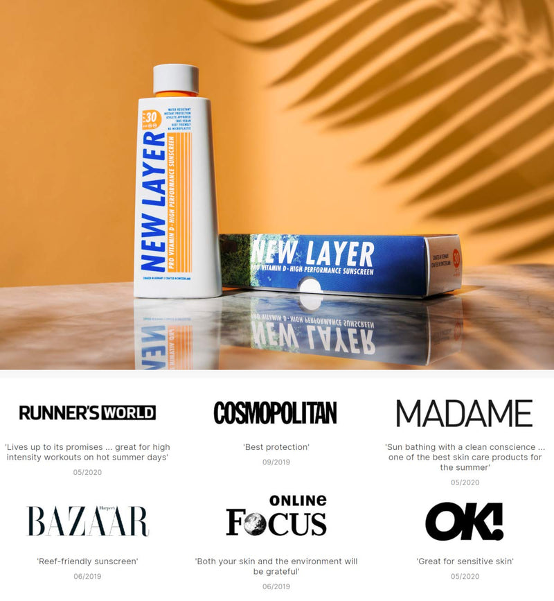 NEW LAYER Sunscreen | SPF 30 | Pro Vitamin D | Fast absorbing | Long lasting | Free of microplastic | Reef-friendly | Free of oxybenzone & octocrylene | Water resistant (200ml) - NewNest Australia