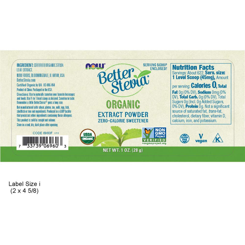 NOW Foods Better Stevia Organic Zero Calorie Powdered Sweetener - 1 oz - NewNest Australia