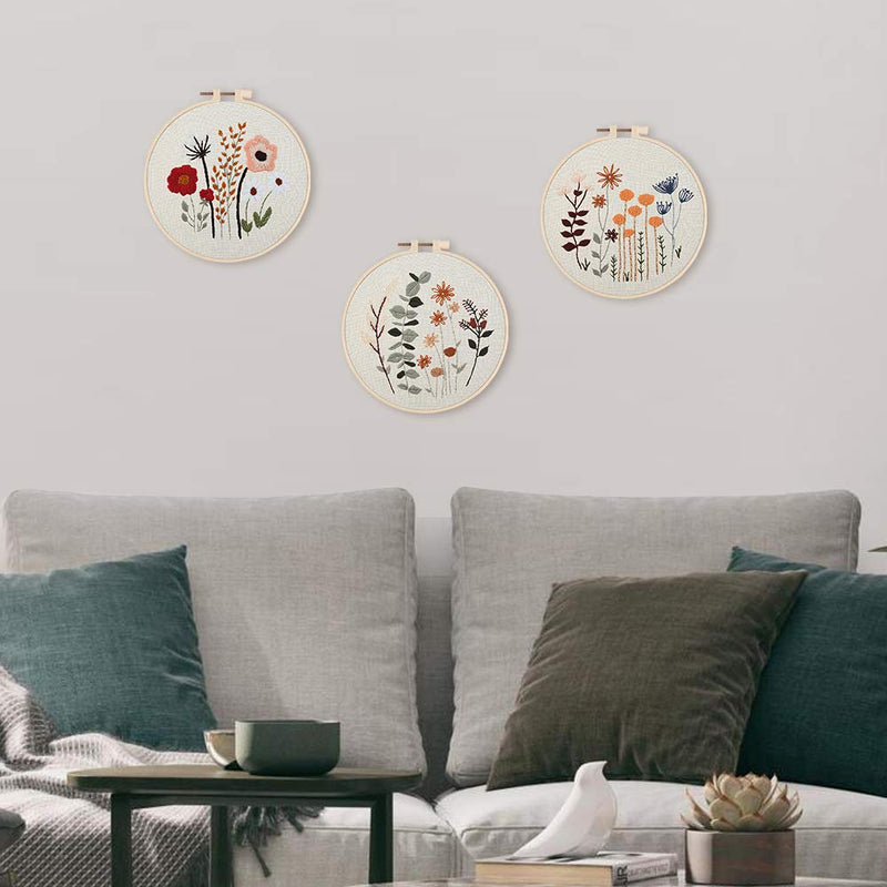 Uphome 3 Pack Embroidery Starter Kit for Beginners Stamped Cross Stitch Kits with Cute Flowers and Plants Patterns with Embroidery Hoops and Color Threads for Adults Kids - NewNest Australia