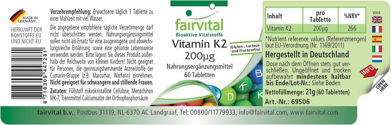 Fairvital | Vitamin K2 MK-7 200µg - HIGH DOSE - Menaquinone MK-7 - natural & fermented from natto - VEGAN - 60 tablets - NewNest Australia