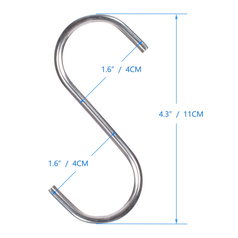 NewNest Australia - 12 Pack Stainless Steel Heavy Duty(Bearing weigh 22LB) S Shaped Hanging Hooks 4.3" Hangers for Kitchen, Bathroom, Bedroom and Office(11cm) 4.3"(11cm) 12 Pack 