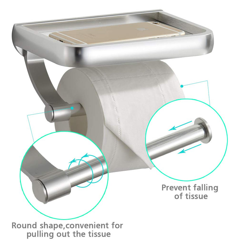 Toilet Paper Holder with Shelf, Anti-Rust Aluminum Toilet Roll Holder with Phone Shelf for All Mobile Phone, Wall Mounted Bathroom Tissue Holder for Smartphone and Flushable Baby Wipes (Silver) Silver - NewNest Australia