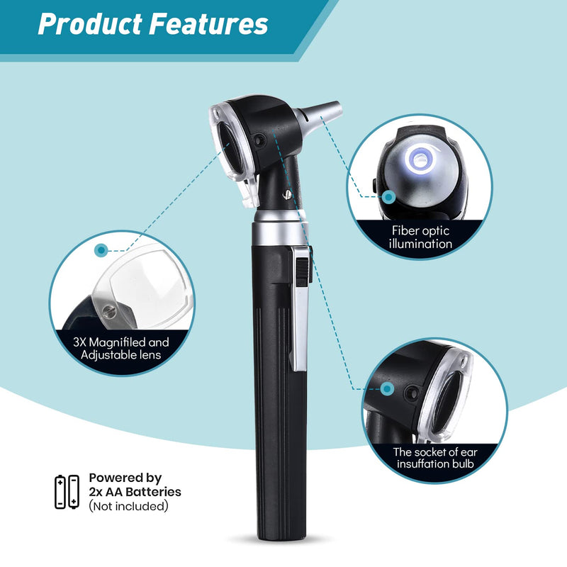 Scian Otoscope Kit - Professional Diagnostic Ear Scope with Fiber Illumination Light - Pocket Lightweight Ear Care Tool for ENT Doctor Nurse Medical Students (Black) HS-OT10S (Fiber optic illumination) - NewNest Australia