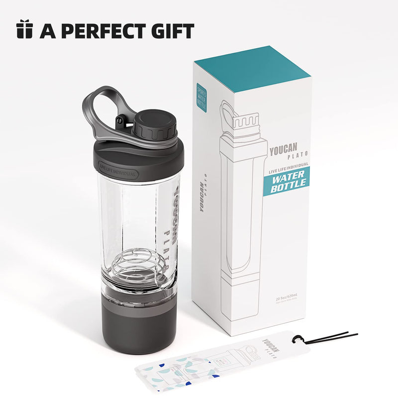 YOUCAN PLATO Shaker Protein Shaker, Protein, Protein Shaker with Powder Compartment and Ball, Shake Cup, Fitness, Shake Cup, Bottle Dishwasher Safe, BPA Free, with Tritan, 620ML Black Black 1 - NewNest Australia