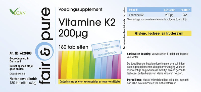 Fair & Pure® - Vitamin K2 200mcg - natural menaquinone MK-7 - vegan - 180 tablets - bulk pack for 6 months - NewNest Australia