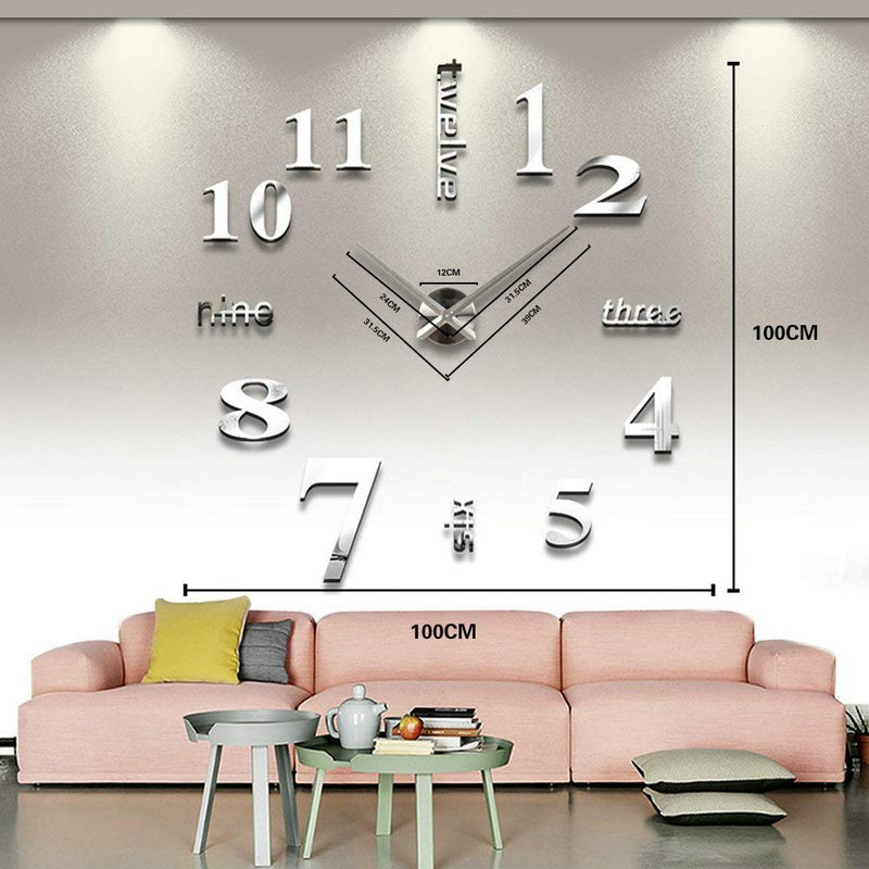 NewNest Australia - Large DIY Wall Clock, Modern 3D Frameless Wall Clock with Mirror Numbers Stickers for Home Office Living Room Bedroom Wall Decoration 