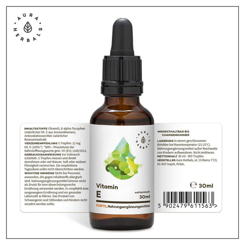 AURA HERBALS® Vitamin E Forte 900 drops of oil - High dosage and up to 180 DAILY SERVINGS - Liquid 30ml - Natural product 100% - Vegan - High bioavailability - Simple composition - NewNest Australia