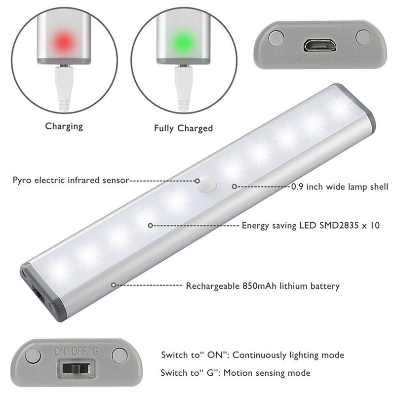 Stick-on Anywhere Portable Little Light Wireless LED Under Cabinet Lights 10-LED Motion Sensor Activated Night Light Build in Rechargeable Battery Magnetic Tap Lights for Closet, Cabinet RXWLKJ - NewNest Australia