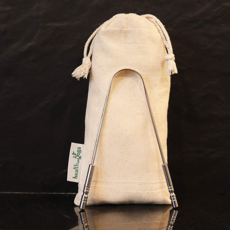 HealthAndYoga(TM) Tongue Cleaner Scraper - Hygienic Seal-Pack – Surgical Grade Stainless Steel, Non-Synthetic Grip – Sterilizable Tongue Brush Cleaner (with Organic Storage Bag) Surgical Steel - 1 Pack (with Travel Bag) - NewNest Australia