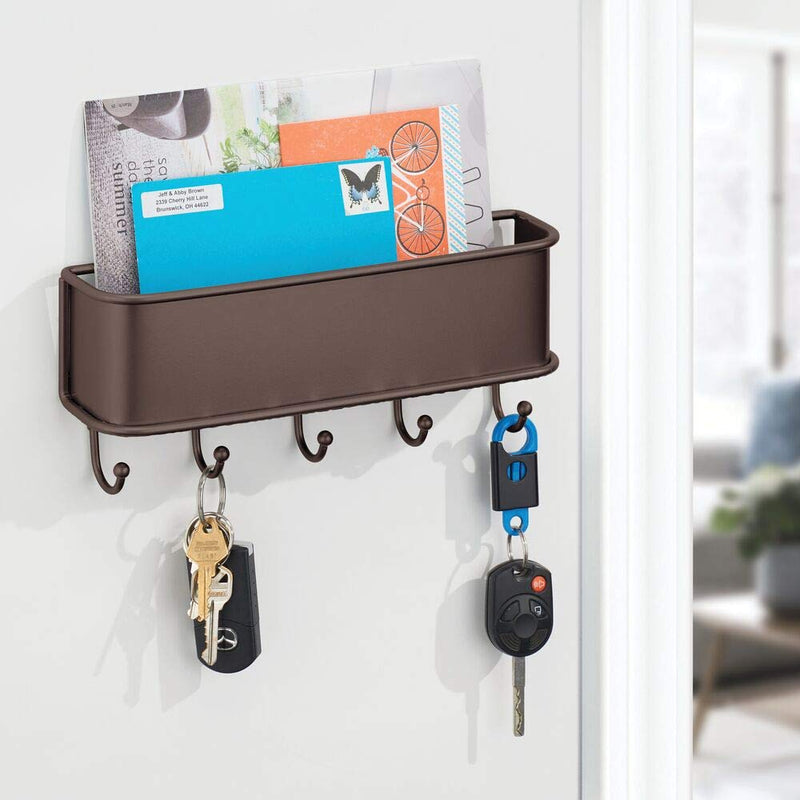 mDesign Wall Mount Metal Entryway Storage Organizer Mail Sorter Basket with 5 Hooks - Letter, Magazine, Coat, Leash and Key Holder for Entryway, Mudroom, Hallway, Kitchen, Office - Bronze - NewNest Australia