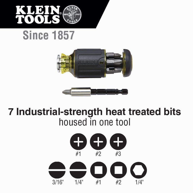 Klein Tools 32308 Multi-bit Stubby Screwdriver, Impact Rated 8-in-1 Adjustable Magnetic Tool with Phillips, Slotted, Square and Nut Driver - NewNest Australia