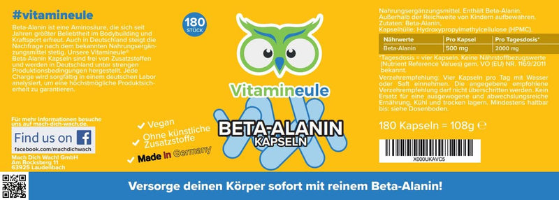 Beta Alanine Capsules - 500 Mg - Quality From Germany - No Additives - Laboratory Tested - Vegan - Small Capsules Instead Of Tablets - Carnosine Booster For Training & Muscle Building - Vitamineule - NewNest Australia