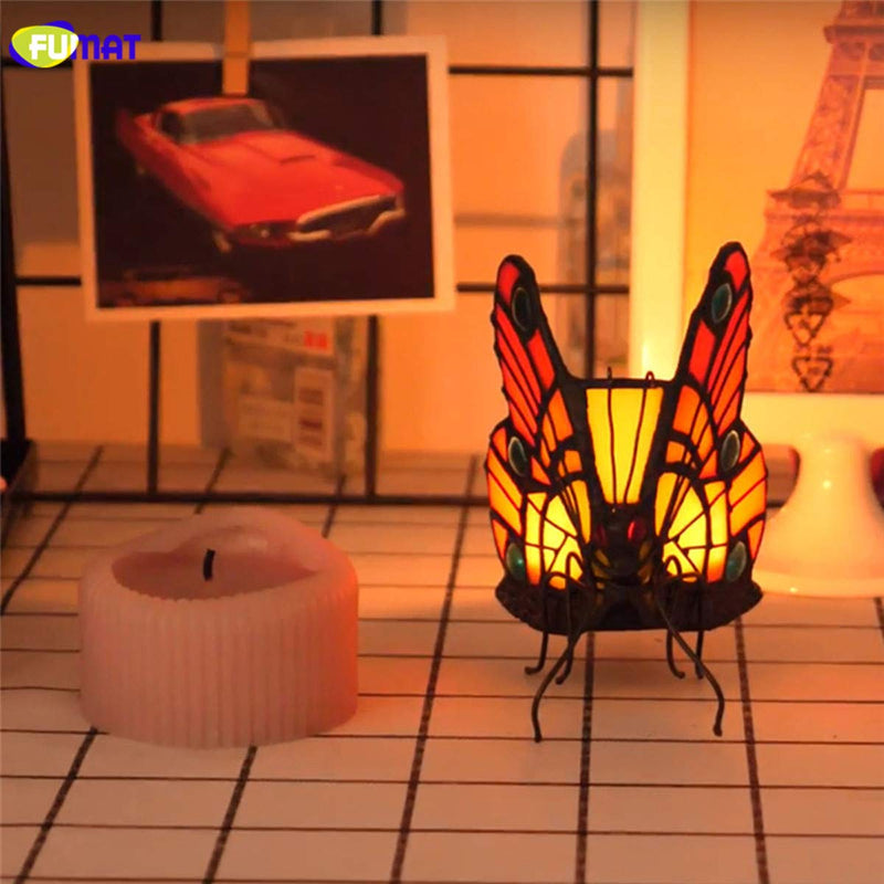 NewNest Australia - FUMAT Tiffany Candle Holders Stained Glass Butterfly Tealight Holder Wedding Gifts Home Decor Decorative W4 XL4 Night Light Holder Bronze 