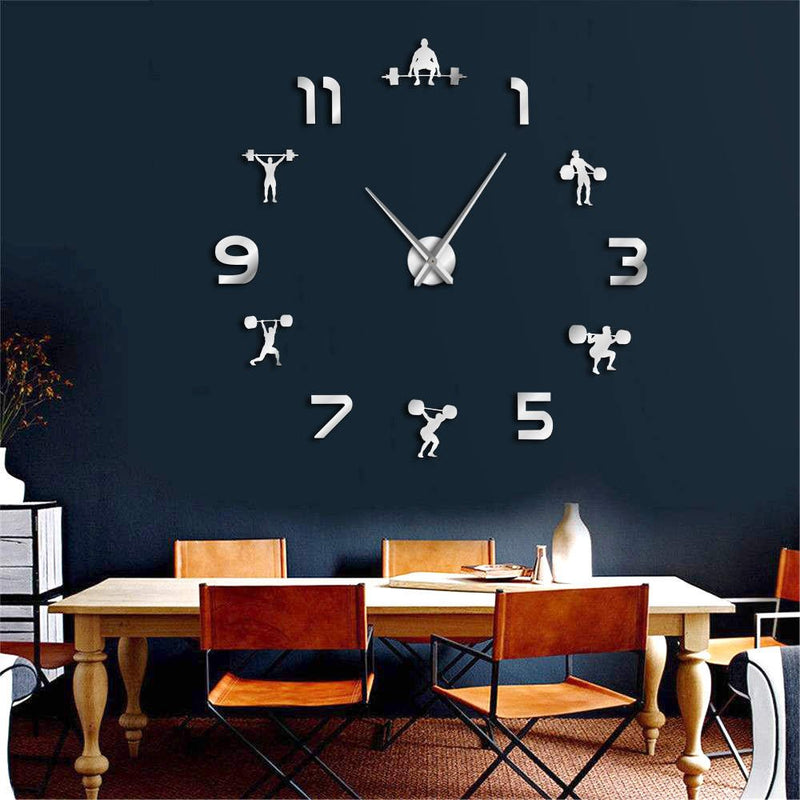 NewNest Australia - The Geeky Days Weightlifting Fitness Room Wall Decor DIY Giant Wall Clock Mirror Effect Powerlifting Frameless Large Wall Clock Gym Wall Watch (Silver) Silver 