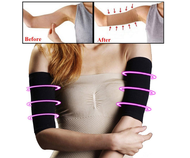 2 Pair Beauty Women Weight Loss Calories Slimming Arm Shaper Massager Lose Buster Wrap Belt Slimming Compression Arm Shaper Helps Tone Shape Upper Arms Sleeve, Black + Flesh Color - NewNest Australia