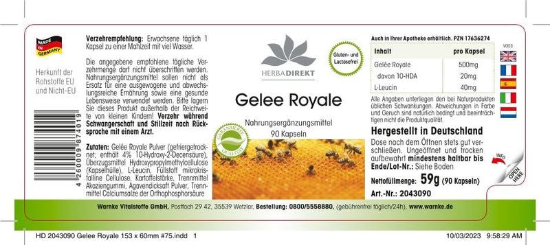 Royal Jelly Extract 500mg - 90 capsules, 4-fold concentrated from 2000mg Royal Jelly - Royal Jelly - high dosage | HERBADIREKT by Warnke vital substances - NewNest Australia