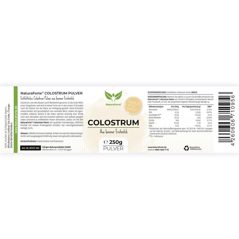 NaturaForte Colostrum Powder 250 g - Natural Cow Colostrum Powder, Beast Milk, First Milk Gently Degreased, Milk Powder with Immunoglobuline G - NewNest Australia