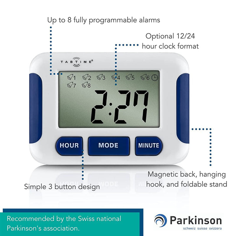 TabTime Timer, Electronic Pill Reminder with 8 Alarms per Day, Essential for Parkinson's Patients - Daily Pill Reminder - Battery Operated Medication Aid - NewNest Australia