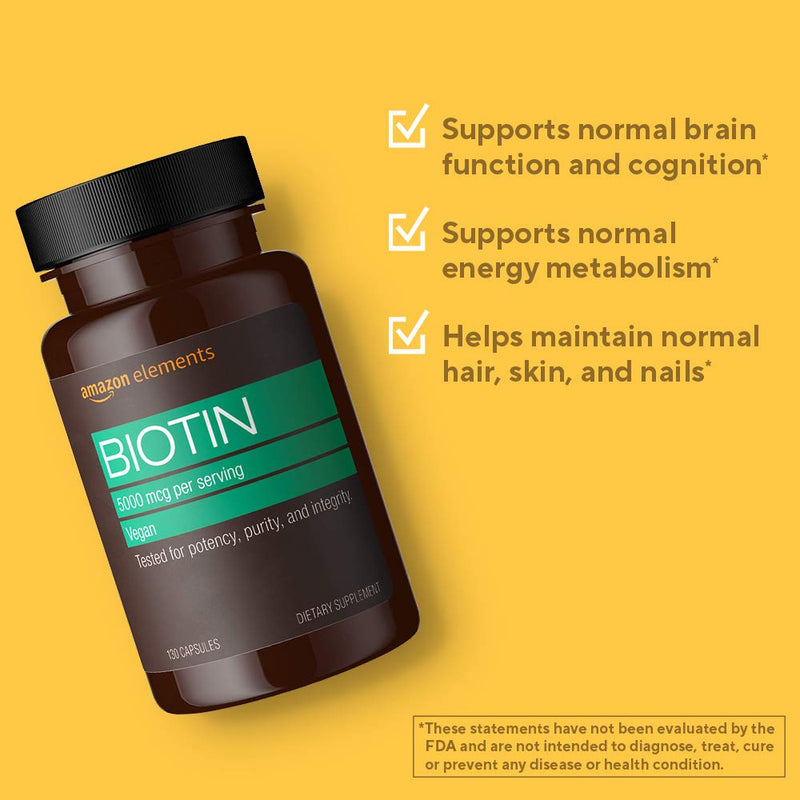 Amazon Elements Vegan Biotin 5000 mcg - Hair, Skin, Nails - 130 Capsules (4 month supply) (Packaging may vary) - NewNest Australia