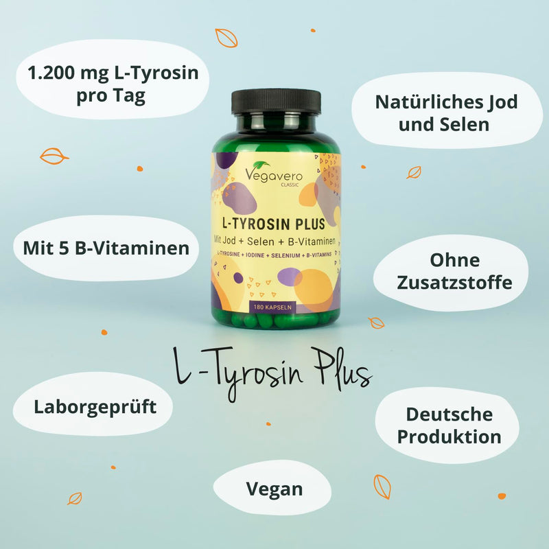 L-Tyrosine 180 capsules with iodine, selenium & B vitamins, vegan & without additives - NewNest Australia