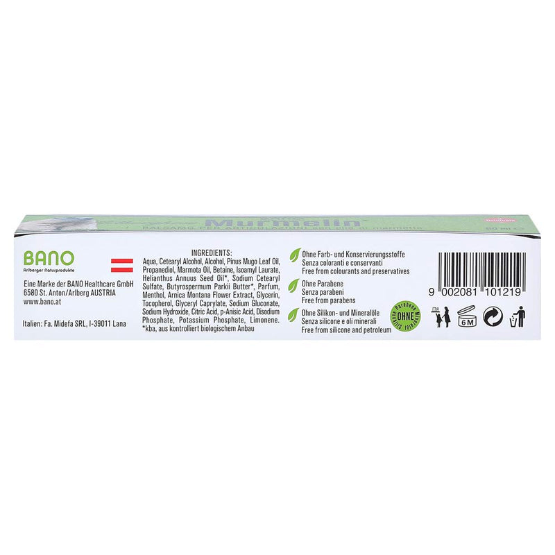 BANO Arlberger Murmelin Sport and Joint Ointment I Original Marmot Ointment I MADE IN AUSTRIA I with Marmot Oil | Arnica | Mountain pine oil | Menthol 60 ml - NewNest Australia