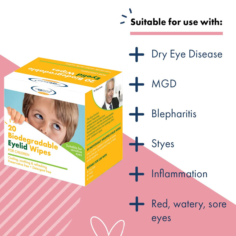The Eye Doctor Junior Eyelid Wipes - 20x Individually Wrapped Kids Eye Lid Cleansing Wipes - Daily Hygiene & Dry Eye Relief - Suitable for Children's Sensitive Eyes - NewNest Australia