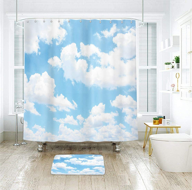 LIGHTINHOME Blue Sky White Cloud Shower Curtain Natural Landscape Scenery Waterproof Fabric 72x72 Inch Polyester Bathroom Bathtub Decoration 12 Pack Plastic Hooks - NewNest Australia