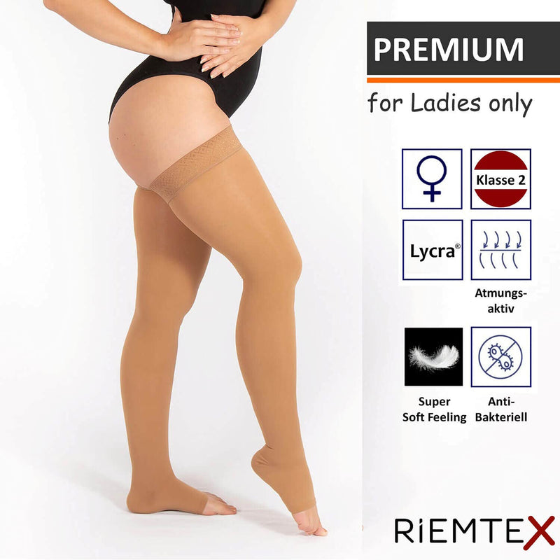 RIEMTEX PREMIUM compression stockings class 2 CCL2 23-32 mmHg with open toe thigh stockings women men caramel size 3 - NewNest Australia