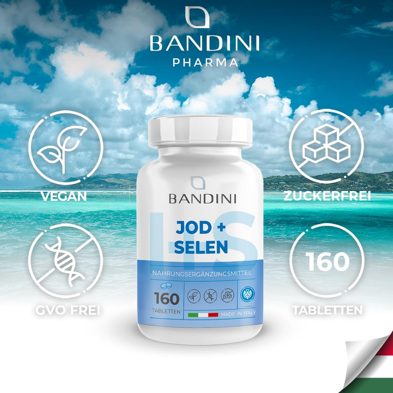 Bandini® Iodine + Selenium | 160 tablets each with 225µg potassium iodide + 100µg selenium L-methionine | Hair, skin, nails, thyroid | Laboratory tested, high dosage, vegan, GMO-free, no additives - NewNest Australia