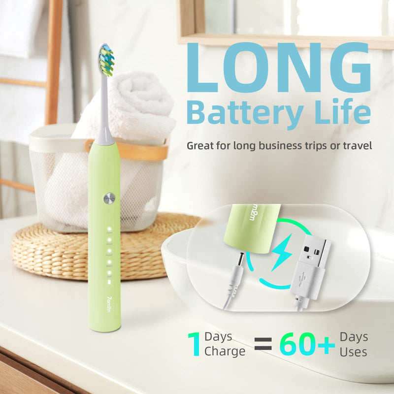 7AM2M Sonic Electric Toothbrush for Adults and Kids, One Charge for 90 Days, with 6 Brush Heads, 5 Modes with 2 Minutes Build in Smart Timer, Roman Column Handle Design(Green) Green - NewNest Australia