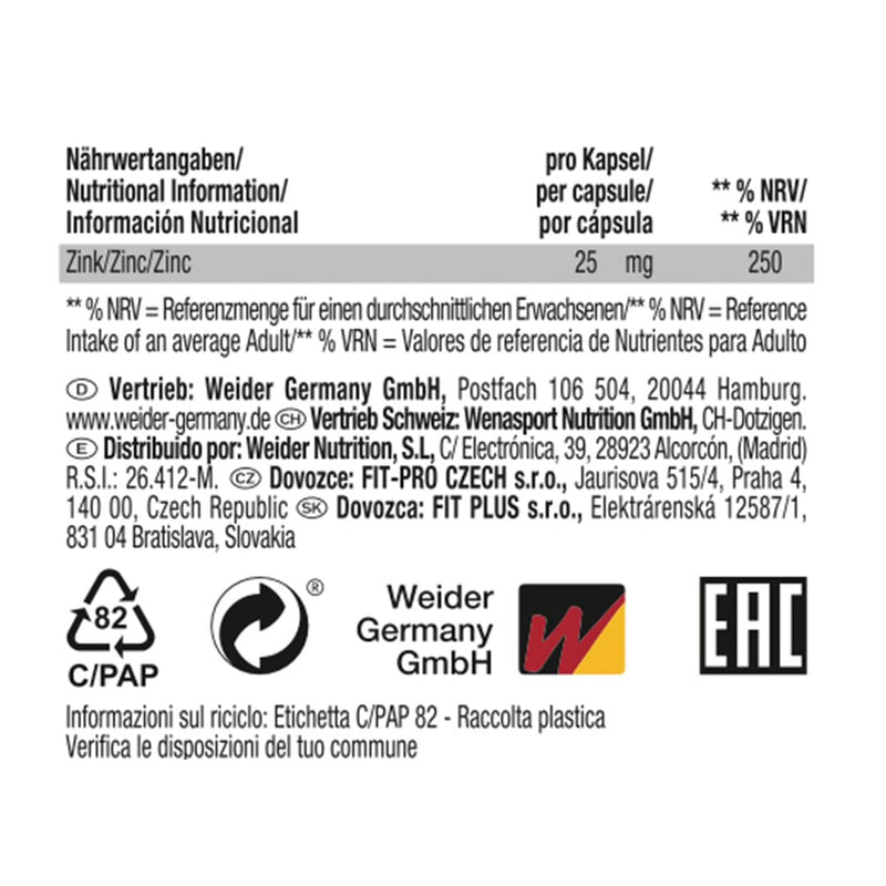 WEIDER Strong Zinc Caps, high dosage, premium quality 25 mg zinc per capsule, 120 capsules, immune system - NewNest Australia