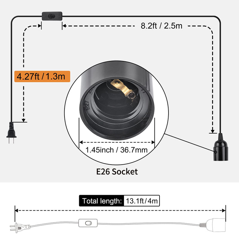 DiCUNO Extension Hanging Lantern Cord Cable, E26 Pendant Light Lamp Socket, On-Off Switch Close to Polarized Plug, 13 Feet, Medium Base for Grow, Plant, Ceiling Lights Fixture, Black, 1 Pack 13ft - Black - NewNest Australia