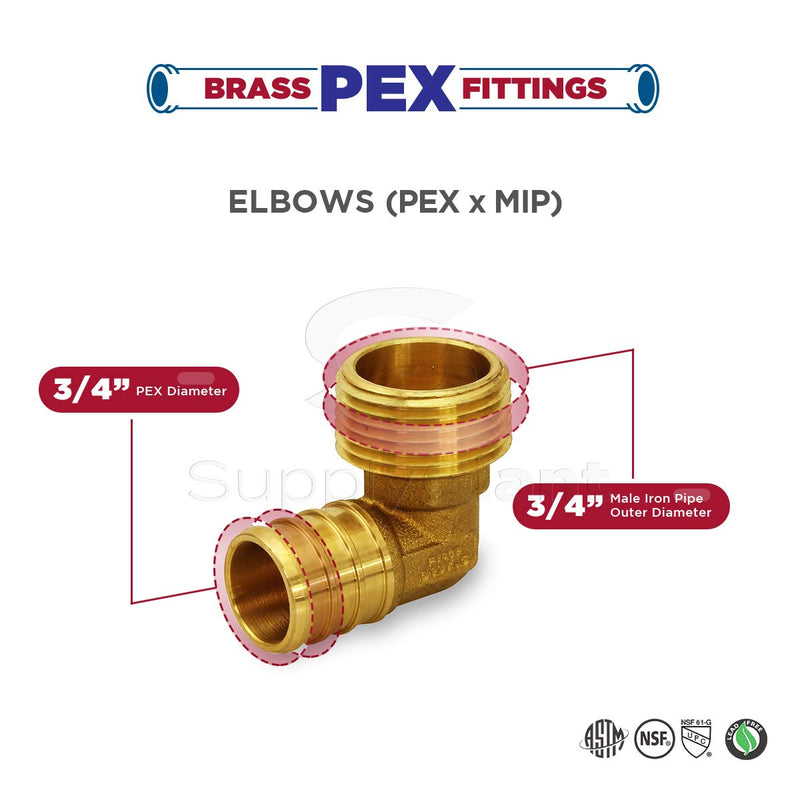 Supply Giant QYNM3434-5 PEX Barb X MIP 90 Degree Elbow Pipe Fitting X 3/4" Brass (Pack of 5), 3/4 x 3/4 - NewNest Australia