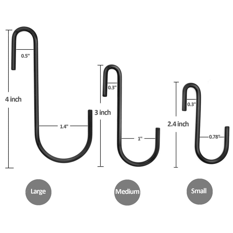 NewNest Australia - ESFUN 18 Pack S Hooks Pot Hooks for Rack Hanging Pans Pots Utensils Clothes Bags Towels Plants - 3 Sizes (Black) Black 