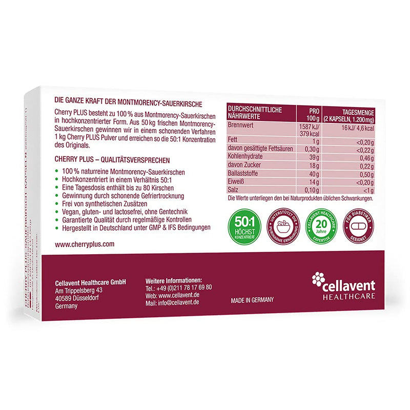 Montmorency sour cherry capsules - high dosage (50:1) - Cherry PLUS - 1,200mg sour cherry extract per daily dose - German, pharmaceutical quality - 1 month - 60 pieces 60 pieces (pack of 1) - NewNest Australia