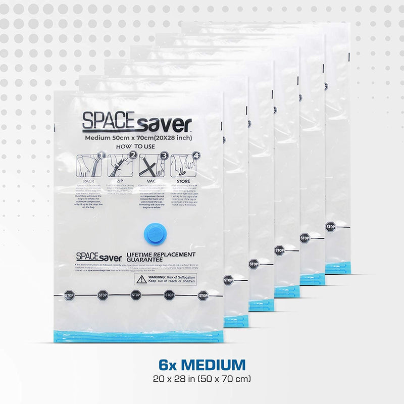 Spacesaver Premium Vacuum Storage Bags. 80% More Storage! Hand-Pump for Travel! Double-Zip Seal and Triple Seal Turbo-Valve for Max Space Saving! (Medium 6 Pack, 70x50cm, Fits 8-10 Sweaters) Medium 6 Pack - NewNest Australia