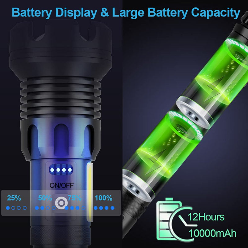 Rechargeable LED Flashlight High Lumens, 90000 Lumen Brightest Tactical Flashlight with 10000mAh Battery, Side Worklight, 7Modes Zoomable High-Power Flashlight&USB Rechargeable for Camping Emergency Highlumen Flashlight - NewNest Australia