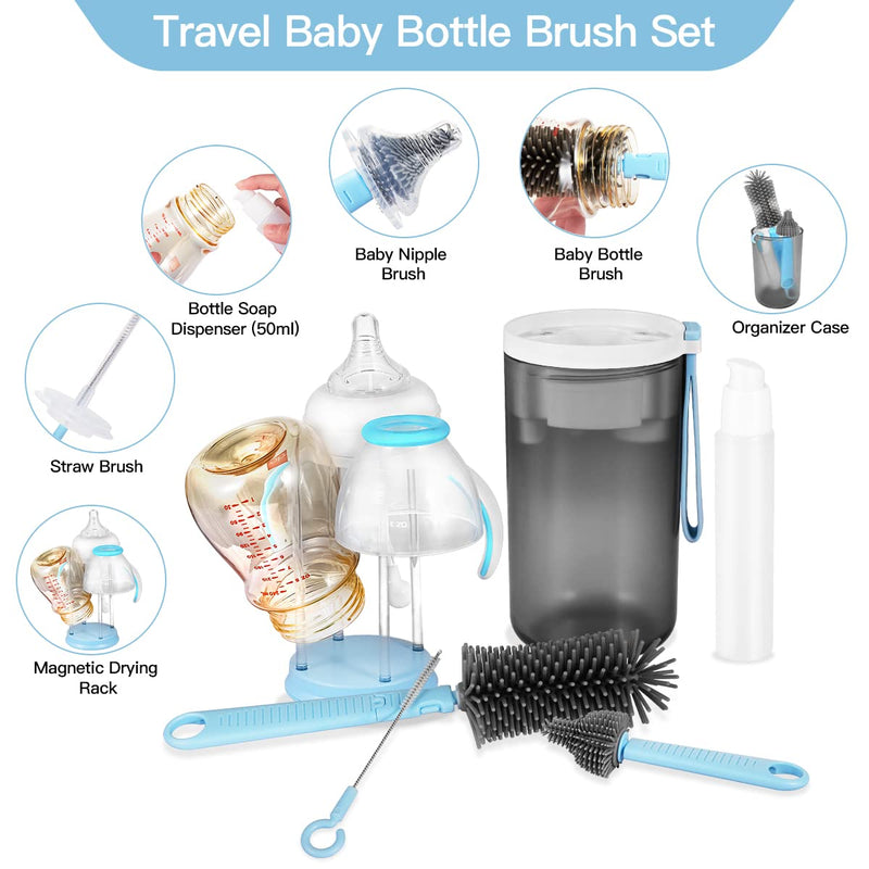 YKW Travel Portable Bottle Brush Cleaning Set with Drying Rack,Storage Cup,Liquid Bottling,Soft Silicone Bristles Cleaning of Baby Bottles,Teats,Water Bottles,etc. Kitchen & Baby Products Blue - NewNest Australia