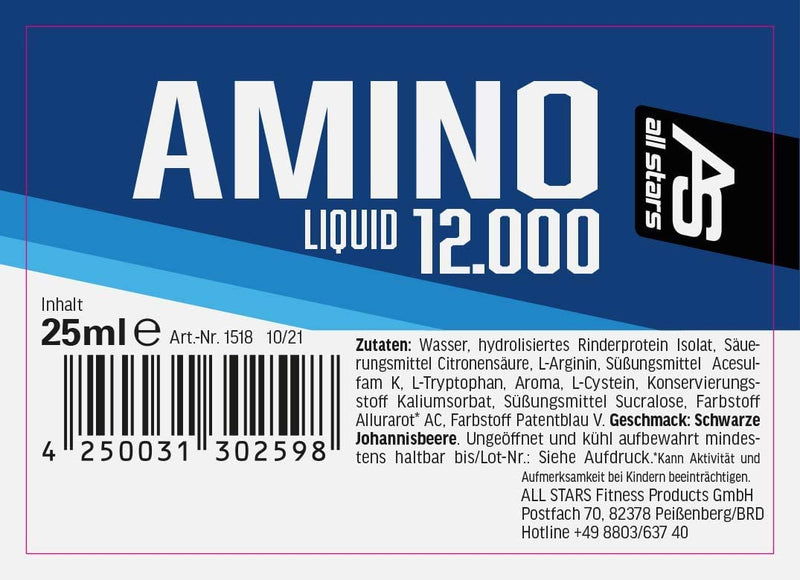 All Stars Amino Liquid 18 X 25 Ml Black Currant I Amino Acids Liquid & High Dosage I Drink With Bcaa + Glutamine + L-Arginine I Syrup For Mixing With Water I Liquid Supplement, Sugar-Free - NewNest Australia