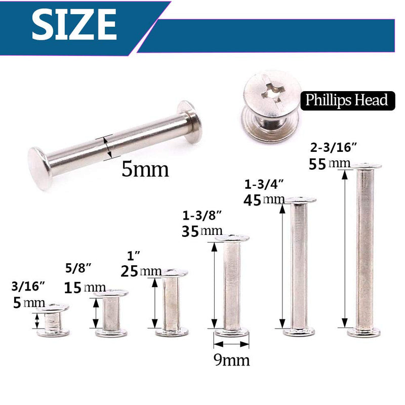 SpzcdZa 120pcs Binding Screws Posts Phillips Chicago Screw Assortment Kit for Scrapbook Photo Albums Craft and DIY Leather Decoration Bookbinding(M5 x 5/15/25/35/45/55) Silver - NewNest Australia