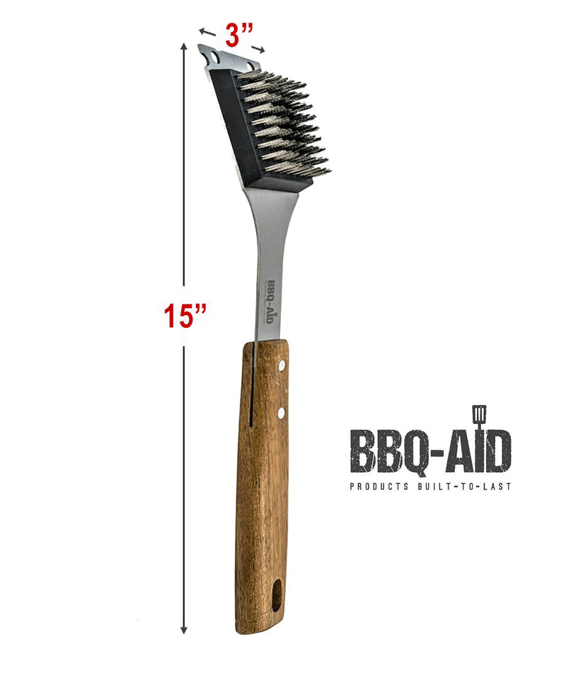 NewNest Australia - BBQ-Aid Barbecue Grill Brush and Scraper – Extended, Large Wooden Handle and Stainless Steel Bristles – Safe, No Scratch Cleaning - Best for Any Grill: Char Broil & Ceramic – Easy Replaceable Head 