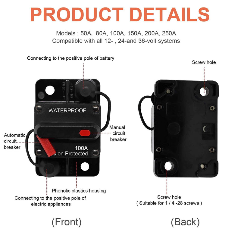 Erayco 100 Amp Circuit Breaker with Manual Reset for Car Marine Trolling Motors Boat ATV Manual Power Protect for Audio System Fuse, 12V-48VDC, Waterproof (100A) 100A - NewNest Australia