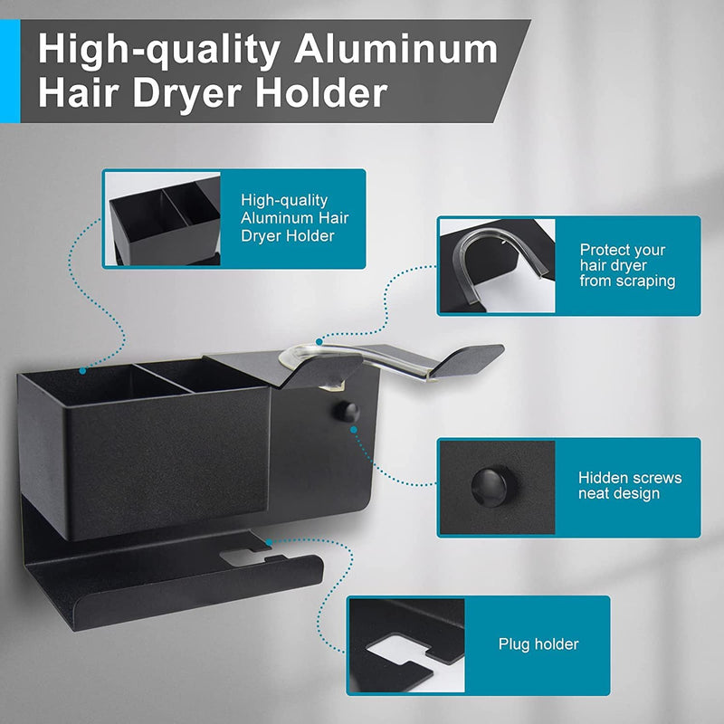 Hosoncovy Metal Hair Dryer Wall Mount Holder Hair Dryer Wall Hanger Toiletries Wall Storage Electric Shaver Wall Mount for Dyson Supersonic Hair Dryer,Universal for Hair Dryer (Black) Black - NewNest Australia