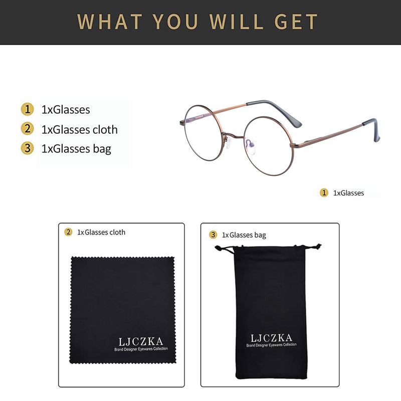 LJCZKA Round Blue Light Filter Glasses Women Men Round Glasses Without Strength Metal Frame for PC, Mobile Phone, TV, Anti Fatigue Brown 0.0 x - NewNest Australia