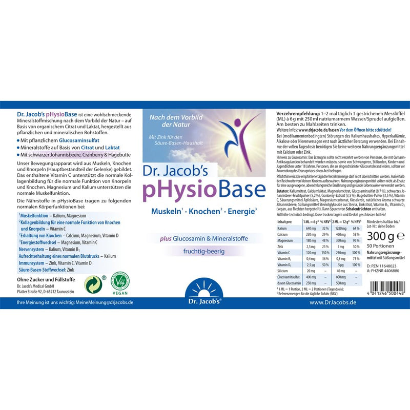 Dr. Jacob's pHysioBase 300 g can I vegan with the power of real berries & glucosamine I based on citrate & lactate, potassium, magnesium, calcium, vitamin CI for muscles¹, bones² & immune system³ - NewNest Australia