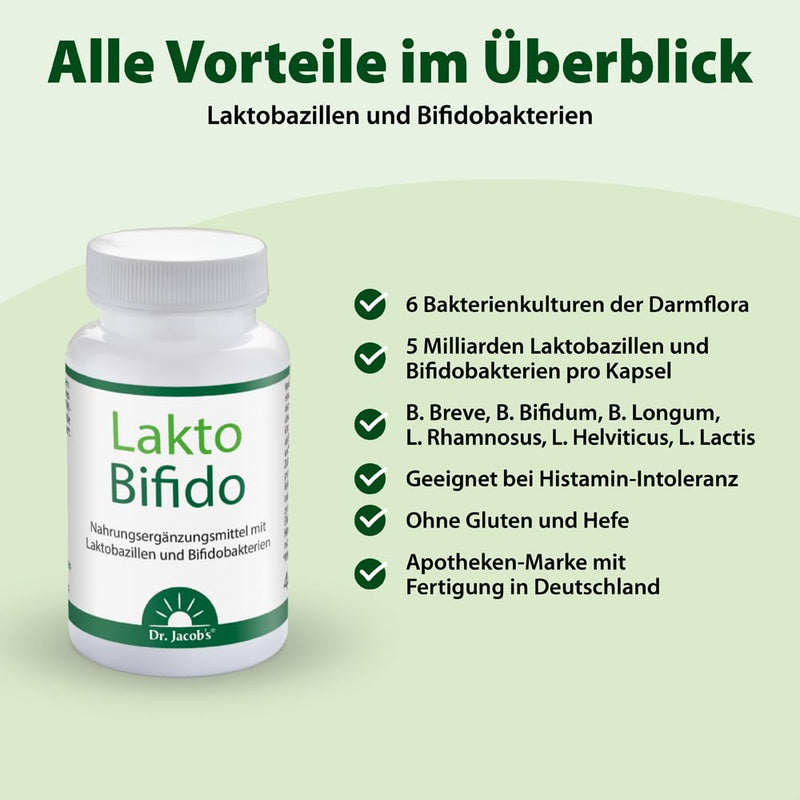 Dr. Jacob's LaktoBifido 90 capsules I guarantees 5 billion lactobacilli and bifidobacteria per capsule I suitable for histamine intolerance (HIT) I without yeast and gluten I 90 portions - NewNest Australia