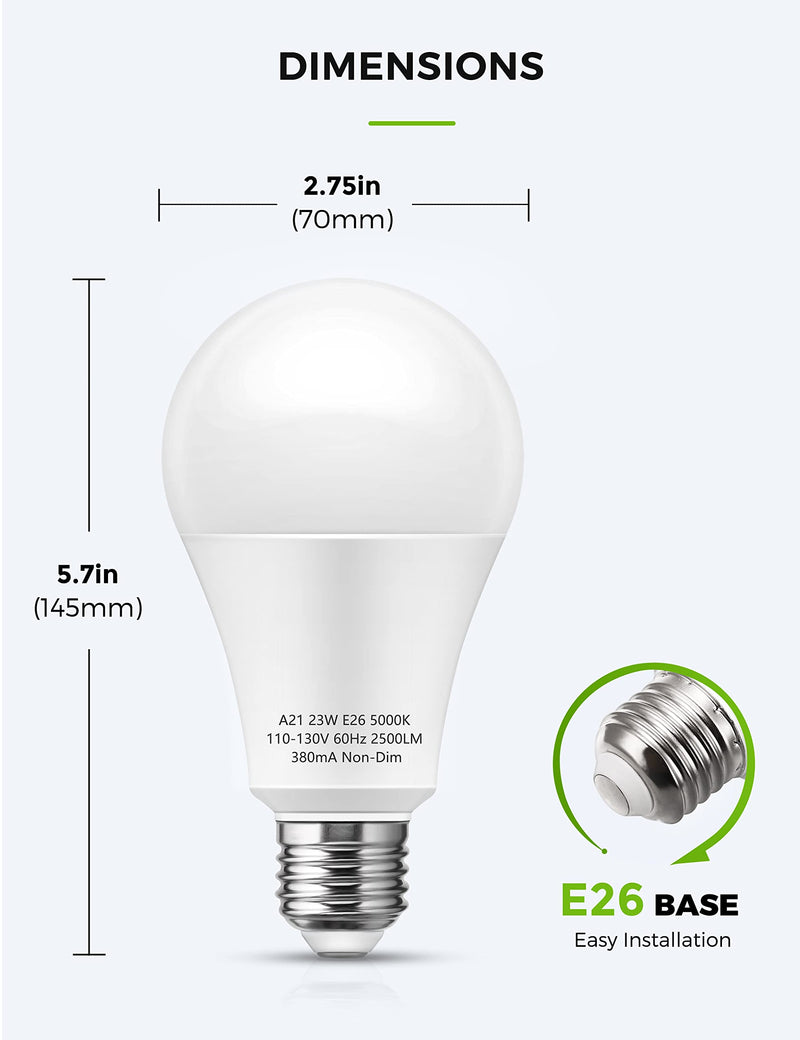 LOHAS A21 LED Light Bulbs, 2500 Lumens Super Bright LED, 23W E26 Medium Base Bulb, 150-200 Watt Led Bulbs 5000K Daylight, Non-Dim, High Lumen Led Bulb for Home Office Store Garage, 2 Pack - NewNest Australia
