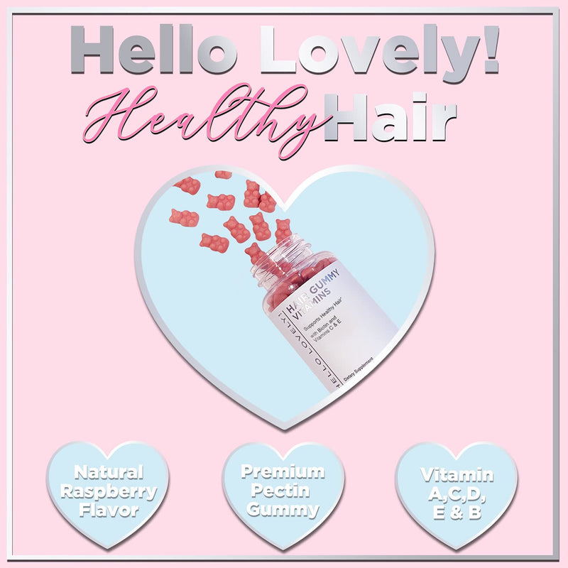 Hello Lovely Hair Vitamins Gummies with Biotin 5000 mcg Vitamin E & C Support Hair Growth, Premium Vegetarian, Non-GMO, for Stronger, Beautiful Hair & Nails, Red Berry Supplement - 60 Gummy Bears 60 Count (Pack of 1) - NewNest Australia