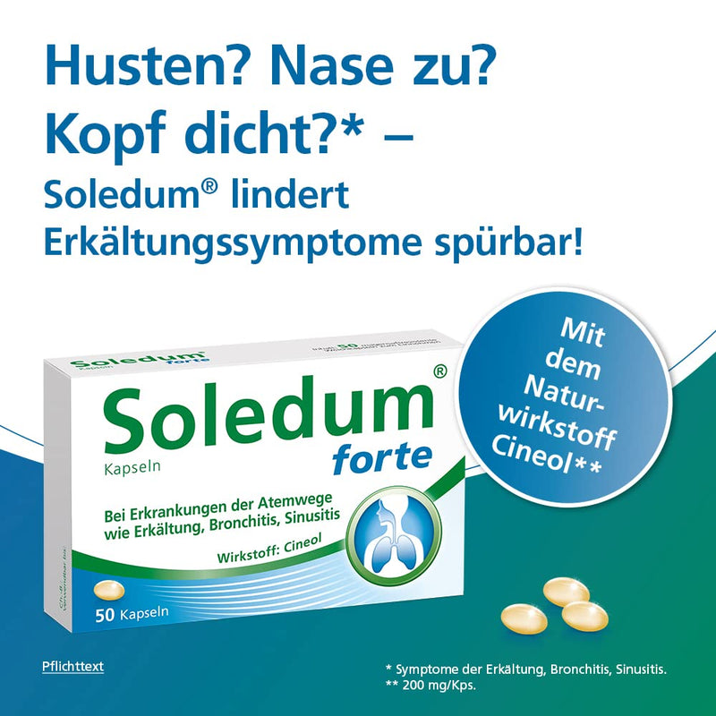 Soledum capsules forte | Cold capsules with cineole for inflammation of the respiratory tract such as bronchitis 50 capsules (Soledum capsules forte, 100 capsules) Soledum capsules forte 100 pieces (pack of 1) - NewNest Australia